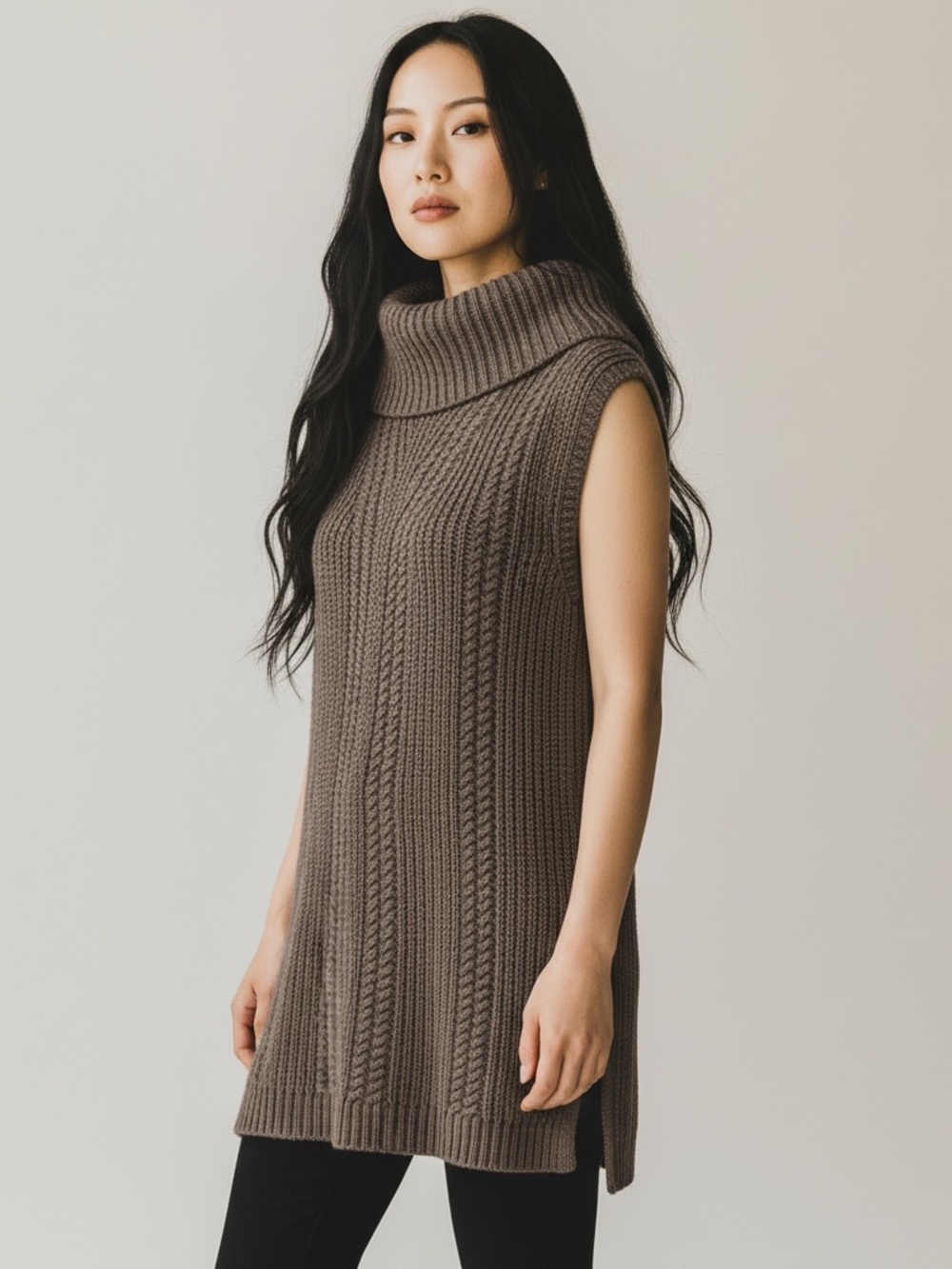 Banana Republic Womens Taupe Cable Knit Sleeveless Turtleneck Sweater S 872121